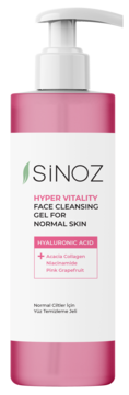Oczyszczający żel SiNOZ Hyper Vitality, różowa butelka z pompką, kwas hialuronowy, skóra normalna.