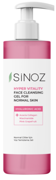 Sinoz Hyper Vitality Face Cleansing Gel do skóry normalnej w różowej butelce z pompką, widok z przodu.