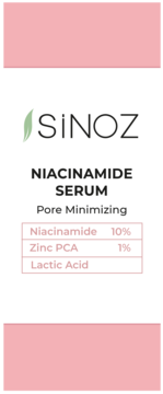 Sinoz Niacinamide Serum 10% z cynkiem PCA i kwasem mlekowym, białe opakowanie z różowym wykończeniem, widok z przodu.
