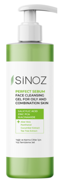 Zielona butelka Sinoz Perfect Sebum, żel do mycia twarzy z kwasem salicylowym, widok z przodu, dla cery tłustej.