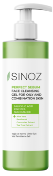 SINOZ Perfect Sebum Face Cleansing Gel w zielono-białej butelce z pompką, widok z przodu, dla skóry tłustej.