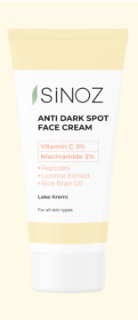 Krem Sinoz Anti Dark Spot w białej tubce, z 3% witaminą C i 2% niacynamidem, widok z przodu.