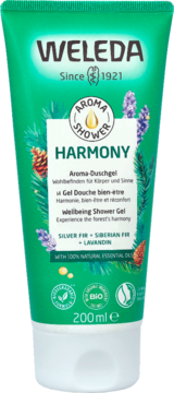 Weleda Aroma Harmony żel pod prysznic w zielonej tubce z leśnymi motywami, widok z przodu, 200ml.