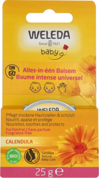 Weleda Baby Calendula Balm, bezzapachowy, w żółto-pomarańczowym pudełku, z częściowo widoczną metalową puszką.