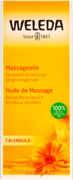 Weleda Calendula Massage Oil, yellow package, front, 100% natural, soothes sensitive skin.