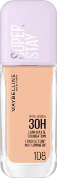 Matujący podkład Maybelline Super Stay Lumi-Matte 108 w szklanej butelce z jasnofioletową zakrętką, widok z przodu.