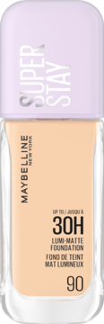 Maybelline Super Stay Lumi-Matte podkład 30H, odcień 90, w szklanej butelce z fioletową nakrętką, widok z przodu.