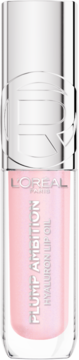 Olejek L'Oreal Plump Ambition Hyaluron Lip Oil, jasnoróżowy w przezroczystej butelce, srebrny korek z logo.
