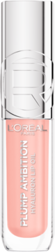L'Oreal Plump Ambition HyalurOn Lip Oil Milky Nu, różowy w przezroczystej butelce, srebrna zakrętka, widok z przodu.