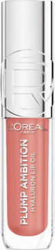 L'Oréal Plump Ambition Hyaluron Lip Oil, brzoskwiniowy olejek do ust w przezroczystej butelce, widok z przodu.