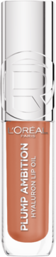 L'Oréal Plump Ambition Hyaluron Lip Oil Latte Glace, przezroczysta butelka z brzoskwiniowym płynem, widok z przodu.