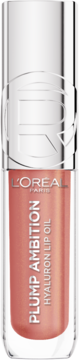 Olejek do ust L'Oréal Plump Ambition Hyaluron, brzoskwiniowo-różowy, w przezroczystej tubce z srebrną nakrętką, widok z przodu.