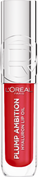 L'Oreal Plump Ambition Hyaluron Lip Oil, czerwony, w przezroczystej tubce ze srebrną nakrętką, widok z przodu.