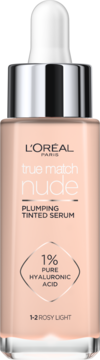 L'Oréal True Match Nude Plumping Tinted Serum 1-2 Rosy Light, beżowa butelka z pipetą, widok z przodu.