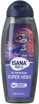 Pionowa butelka Isana Kids Super Hero żel pod prysznic, ciemnofioletowa metaliczna z superbohaterem, zapach coli.