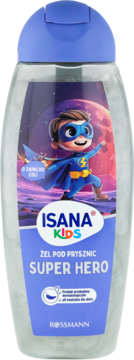 Isana Kids żel pod prysznic Super Hero o zapachu coli, butelka z przezroczystym żelem i rysunkiem bohatera.