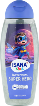 Isana Kids żel pod prysznic Super Hero o zapachu coli, butelka z przezroczystym żelem i rysunkiem bohatera.