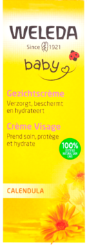 Weleda Baby krem do twarzy Calendula, żółte opakowanie, widok z przodu, z napisem baby i kwiatami nagietka.