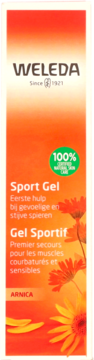 Weleda Sport Gel Arnica, pomarańczowe opakowanie z kwiatami, widok z przodu, na obolałe i spięte mięśnie.