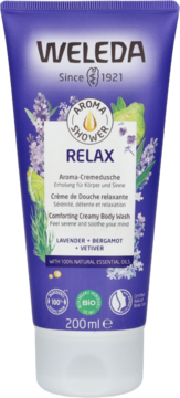Fioletowa tuba kremowego żelu Weleda Aroma Shower Relax z lawendą, bergamotką i wetywerią, 200 ml, widok z przodu.