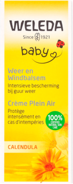 Weleda Baby Weer en Windbalsem, żółte opakowanie z nagietkiem. Balsam ochronny na niepogodę, widok z przodu.