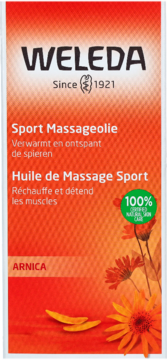 Weleda Sport Massageolie Arnica, pomarańczowo-czerwone opakowanie z kwiatami arniki, 100% naturalny olejek do masażu.