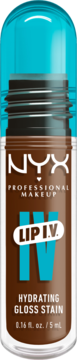 NYX Professional Makeup Lip I.V. Hydrating Gloss Stain, brązowy odcień Coca Quench, w butelce z turkusową zakrętką, widok z przodu.