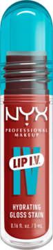 NYX Lip I.V. Hydrating Gloss Stain, czerwony błyszczyk w tubce z turkusową zakrętką, widok z przodu.