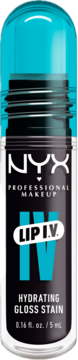NYX Lip I.V. Hydrating Gloss Stain, błyszczyk do ust w czarnej butelce z turkusową zakrętką, widok z przodu.
