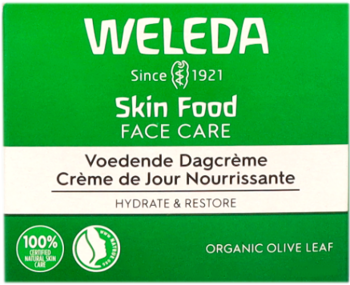Zielone opakowanie kremu Weleda Skin Food, nawilżający krem na dzień. Widok z przodu, z tekstem Organic Olive Leaf.