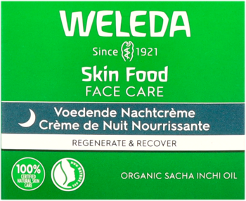 Weleda Skin Food regenerujący krem na noc, zielone opakowanie z księżycem i napisem "REGENERATE & RECOVER".