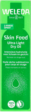 Zielony Weleda Skin Food Ultra-Light Dry Oil 2-Phase Spray, widok z przodu opakowania z białym tekstem.