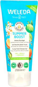 Weleda Aroma Shower Summer Boost, niebieska tubka 200ml z owocami cytrusowymi, żel limonka, pomarańcza, kardamon.