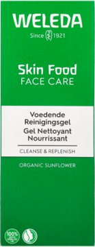 Weleda Skin Food Face Care Nourishing Cleansing Gel, zielone pudełko z białym logo, widok z przodu.
