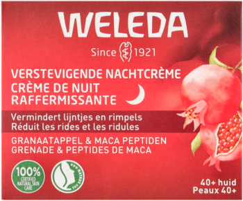 Czerwone opakowanie kremu Weleda na noc 40+ z granatem i peptydami maca, redukujący zmarszczki, widok z przodu.