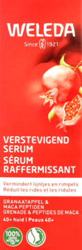 Czerwone serum Weleda z granatem i peptydami maca, na skórę 40+, widok z przodu. Redukuje zmarszczki.