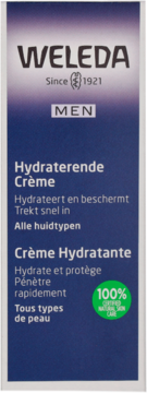 Krem Weleda Men Hydraterende Crème w niebiesko-białym opakowaniu, widok z przodu, dla wszystkich typów skóry.