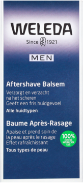 Weleda Men Aftershave Balsam, ciemnoniebieskie pudełko z białym napisem i zielonym certyfikatem 100%.