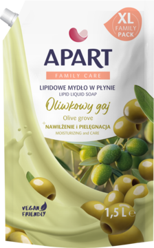Apart Family Care lipidowe mydło Oliwkowy Gaj 1,5L, biała saszetka XL z oliwkami i płynem.