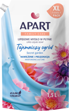 APART lipidowe mydło Tajemniczy Ogród 1.5L, biały pouch Family Pack z kwiatami, widok z przodu.