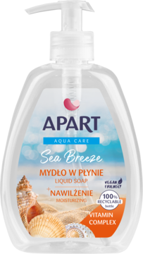 Apart Aqua Care Sea Breeze mydło w płynie, przezroczysta butelka z pompką, nawilżające z witaminami, widok z przodu.