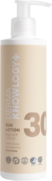 Beżowy balsam DermaKnowlogy SUN LOTION SPF 30 w butelce z białą pompką, widok z przodu. Zapewnia wysoką ochronę UVA/UVB.