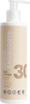 Beżowy balsam DermaKnowlogy SUN LOTION SPF 30 w butelce z białą pompką, widok z przodu. Zapewnia wysoką ochronę UVA/UVB.
