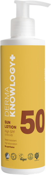 Żółta butelka DermaKnowlogy+ Sun Lotion SPF 50 z pompką, widok z przodu. Produkt hipoalergiczny, wodoodporny.