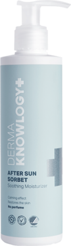 Hipoalergiczny balsam DermaKnowlogy After Sun Sorbet w białej butelce z jasnoniebieską etykietą, widok z przodu.
