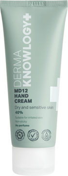 Tubka DermaKnowlogy MD12 Hand Cream na suchą i wrażliwą skórę, jasna zieleń, biała zakrętka, widok z przodu.