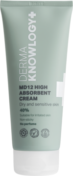 Bladozielona tuba Derma Knowlogy+ MD12 High Absorbent Cream dla suchej i wrażliwej skóry, widok z przodu.