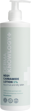 Biała butelka balsamu z pompką DermaKnowlogy MD21 Carbamide Lotion 5% dla skóry suchej, widok z przodu.