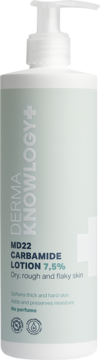 Front view: white pump bottle of DermaKnowlogy MD22 Carbamide Lotion 7.5%, for dry skin.