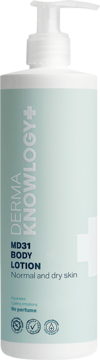 DermaKnowlogy MD31 Body Lotion w białej butelce z pompką, do skóry normalnej i suchej, bez perfum, widok z przodu.